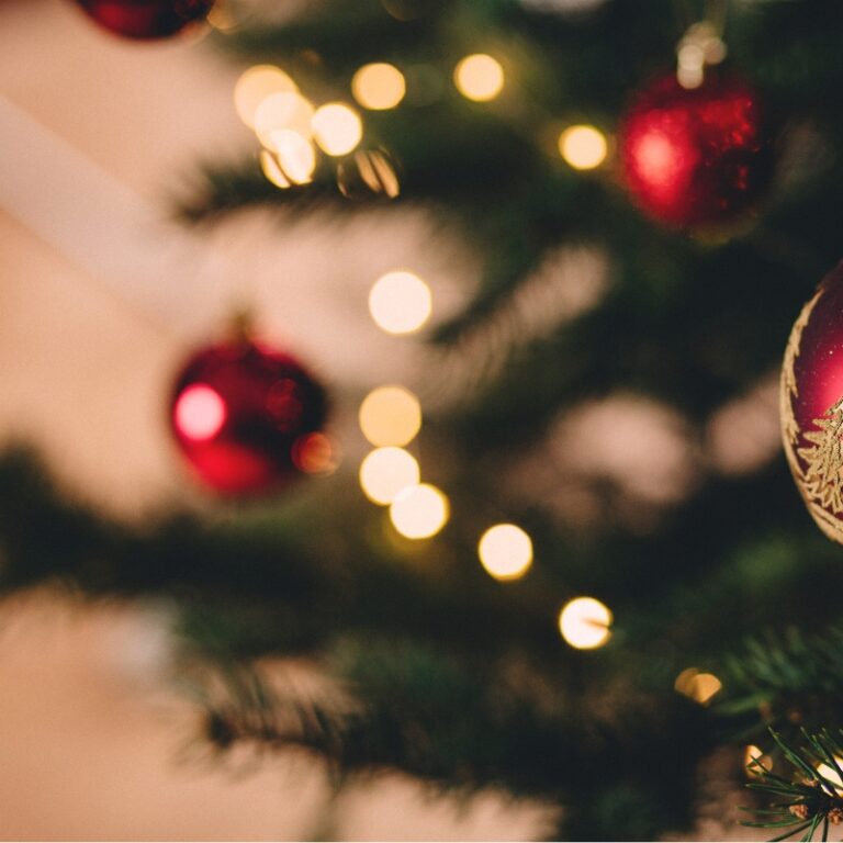 Nahaufnahme von einem Christbaum mit roten Kugeln